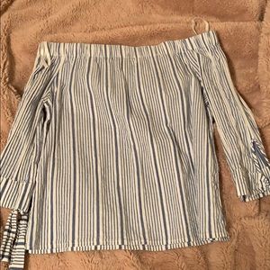 Off the shoulder blue and white shirt